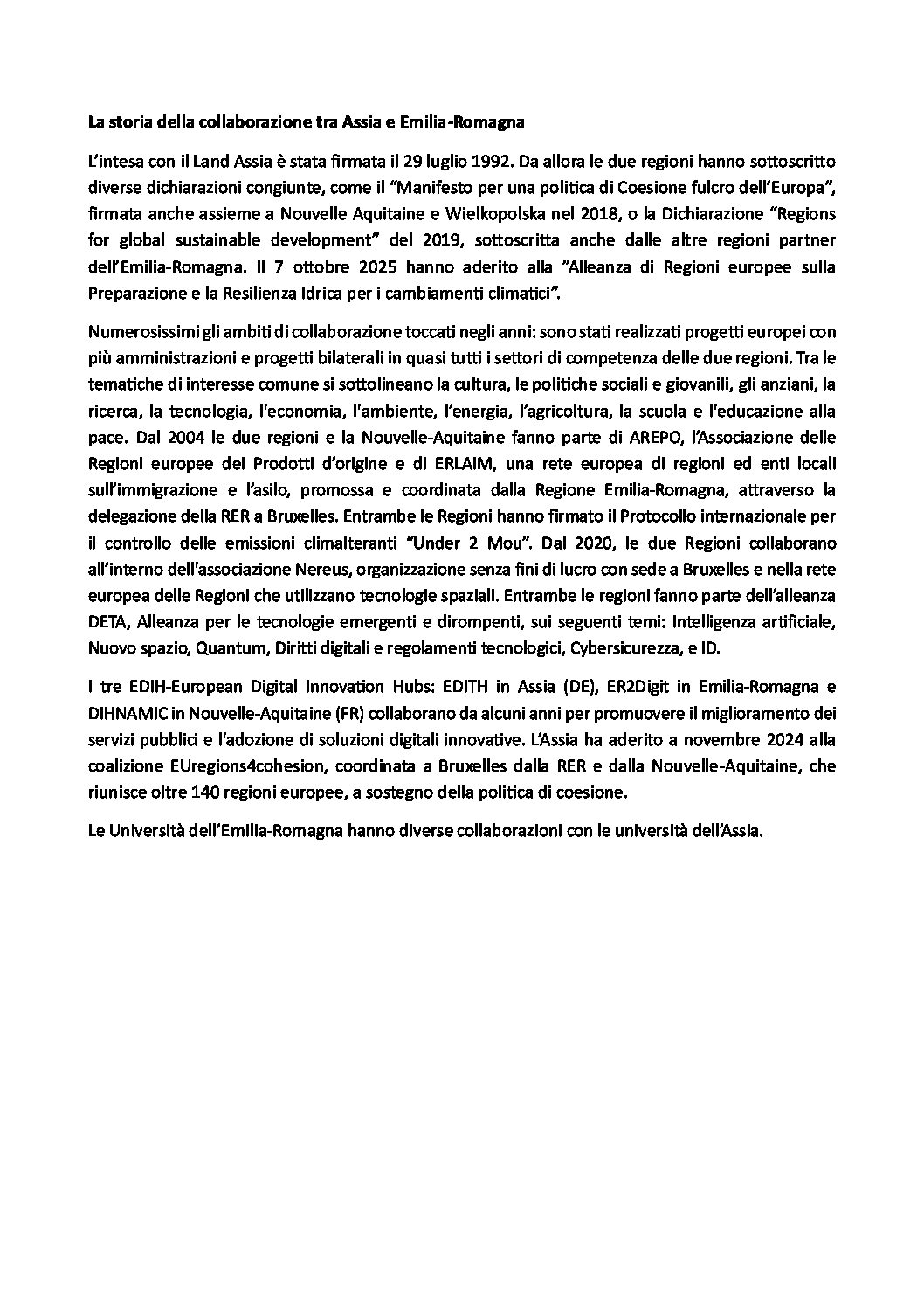 La scheda su partnership tra Emilia-Romagna e Assia